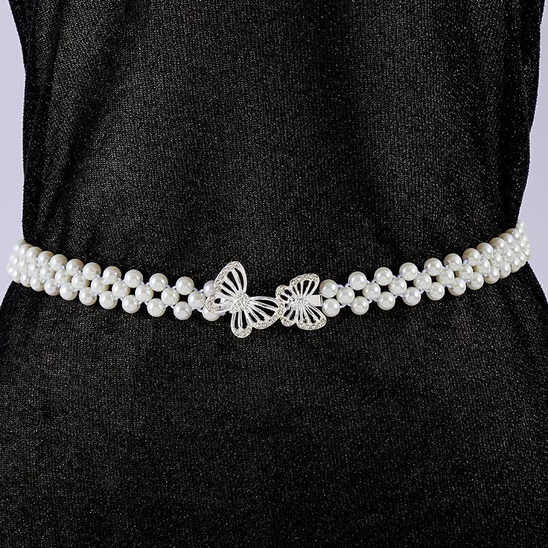 "Korean Style Rhinestone Pearl Waist Chain for Women – Fashionable, Sweet, Elastic Belt"