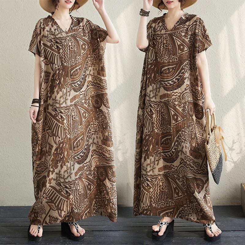 Plus Size V-hals Lang bomulls-silkekjole Sommerkjoler med korte ermer og rund hals