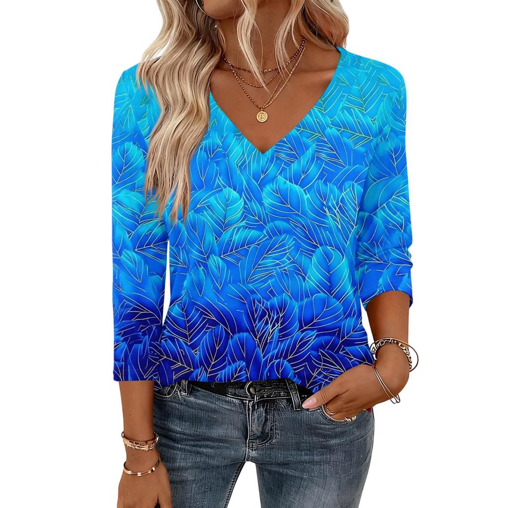 3/4 Length Sleeve Womens Tops V Neck Shirt  Casual Blouse Basic Tshirts