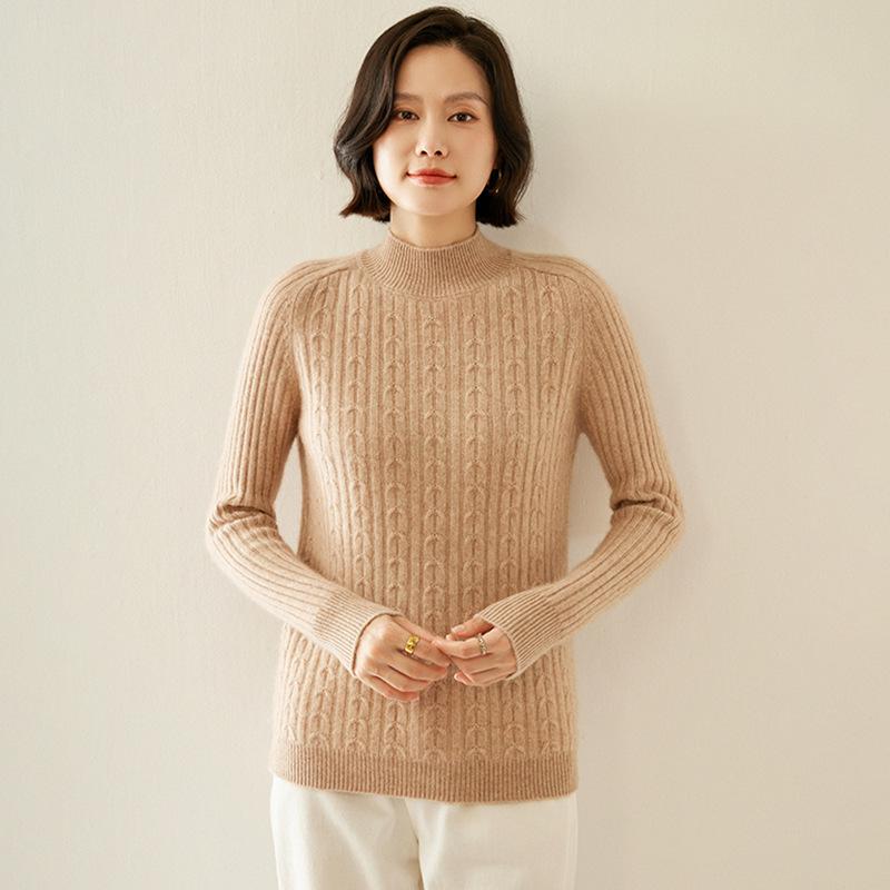 Women's Retro Cable-Knit Cashmere Half-Turtleneck Sweater - Autumn/Winter Base Layer, Solid Color