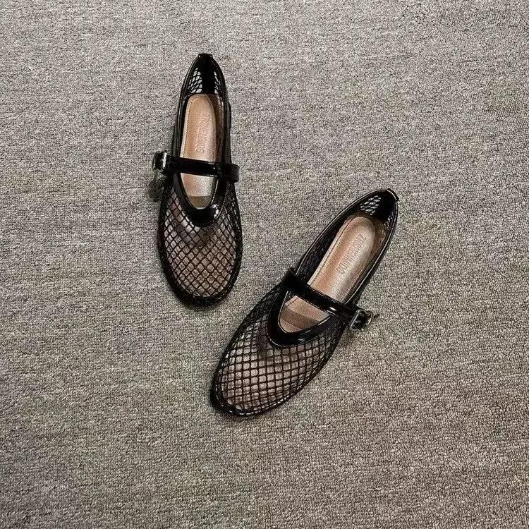 Fashion 2025 Summer Women's Mesh Ballet Flat Shoes Women's Large Round Head Breathable and Comfortable Women's Sandals