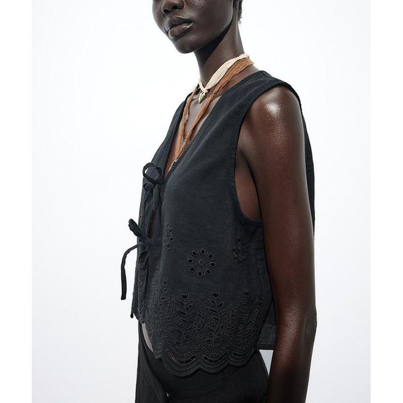 Summer Women's Linen Blend Bows Lace-up Cutout Embroidered V-neck Sleeveless Vest Waistcoat 6318044