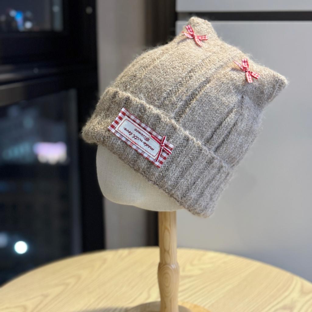 Korean Style Woolen Hat for Women Cute Cat Ears New Bow Warm Ear Protection Cold Hat Winter Fashion Knitted Hat