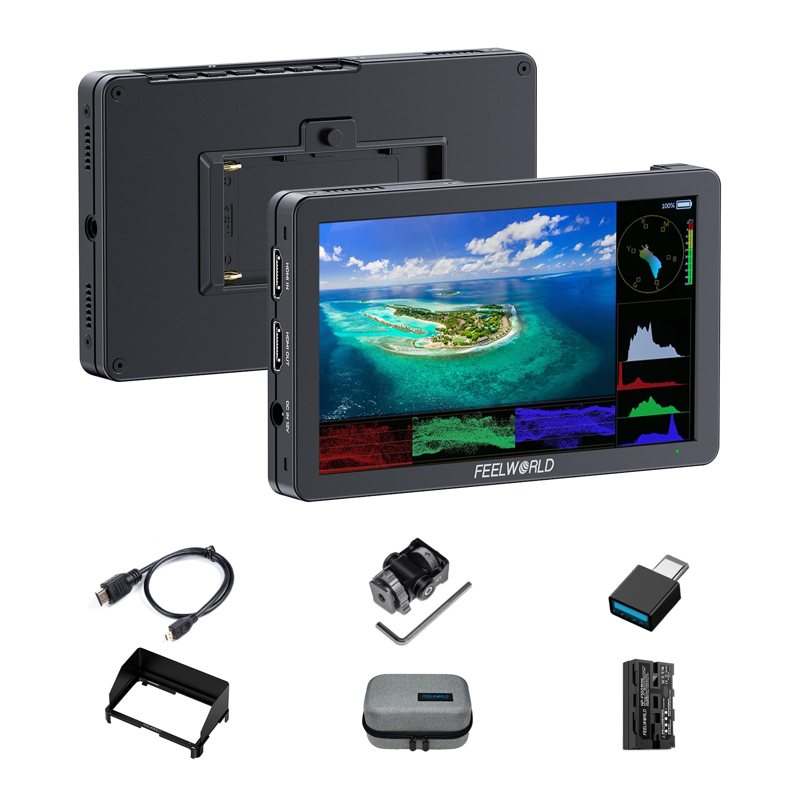 

FEELWORLD T6 Aluminum SLR Camera Monitor with 1920x1080 IPS HDR Waveform Assist HDMI for Video and Content Creators Storage Bag 6-inch Screen, Focus,