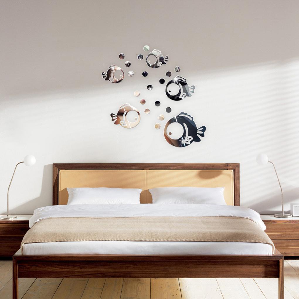 3D Fish Wall Sticker Home Decor Art Mural DIY for Living Room Acrylic Crystal Bathroom Mirror Stickers, L, Silver