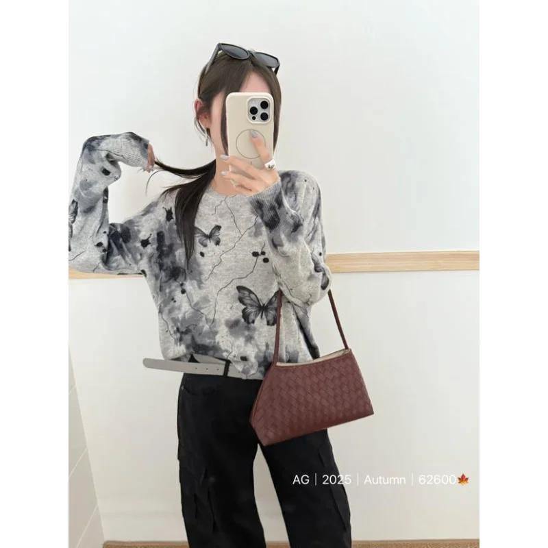 Свитер Женский Круглый Вырез Пуловер Модный Осенний Новый Тренд Чернильный Размытый Национальный Стиль Тонкая Шерсть Длинный Рукав OneSize