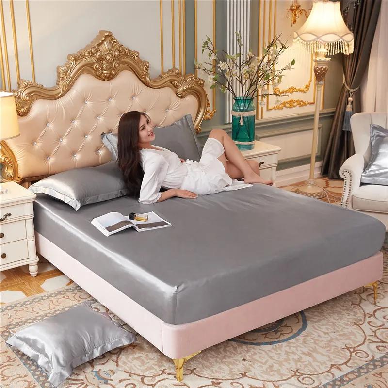 Luxury Pure Satin Queen Bed Sheet Set High End Silky Home Bed Sheets Pillow Cover Single Double Fitted Sheet with Elastic Band