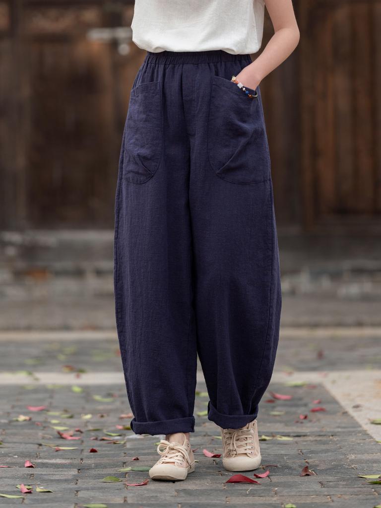 Johnature Women Vintage Harem Pants Solid Color Patchwork Pockets Trousers Elastic Waist Loose Pants