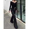 Pantaloni Svasati Basso Vita Decorativi Sottili Neri Rivettati Design Retro Y2k Harajuku Goth Donna