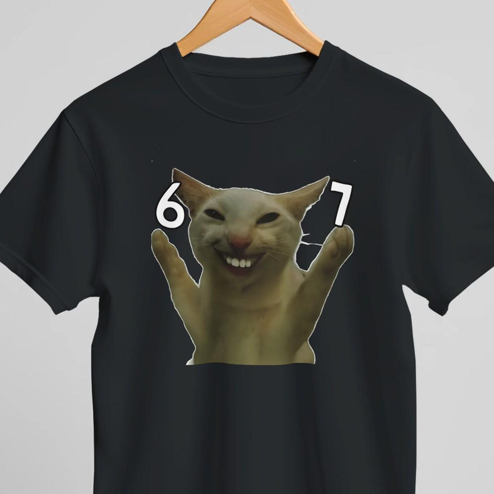 Funny 67 Cat Meme Shirt, Smiling Cat T-Shirt, Absurd Meme Tee, Weird Cat Gift, Viral Internet Humor Shirt M