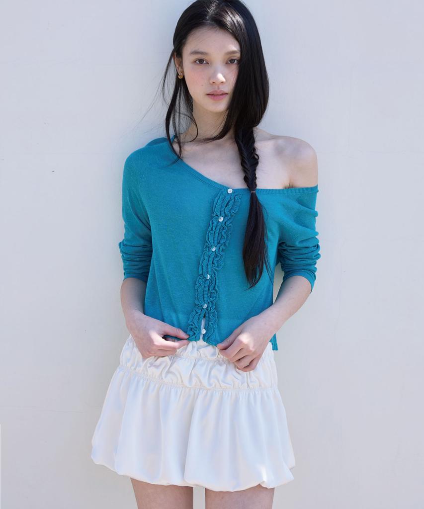 Michiko London Koshino Ruffle Off-Shoulder Cardigan Teal Blue