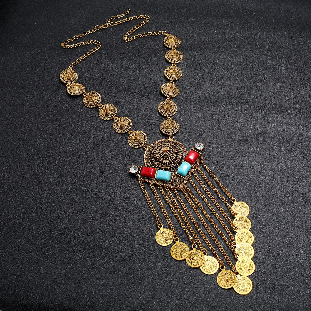 Multilayer Women Retro Coin Long Pendant Necklace With Alloy Chain Waterfall