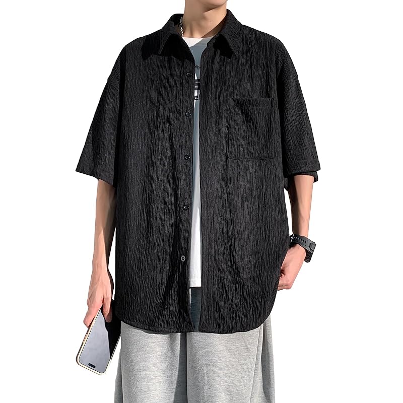 

[FUZHIHUA] shirt men s half sleeve short sleeve large size Plain color quick drying Cool feeling soft light summer clothes y shirt