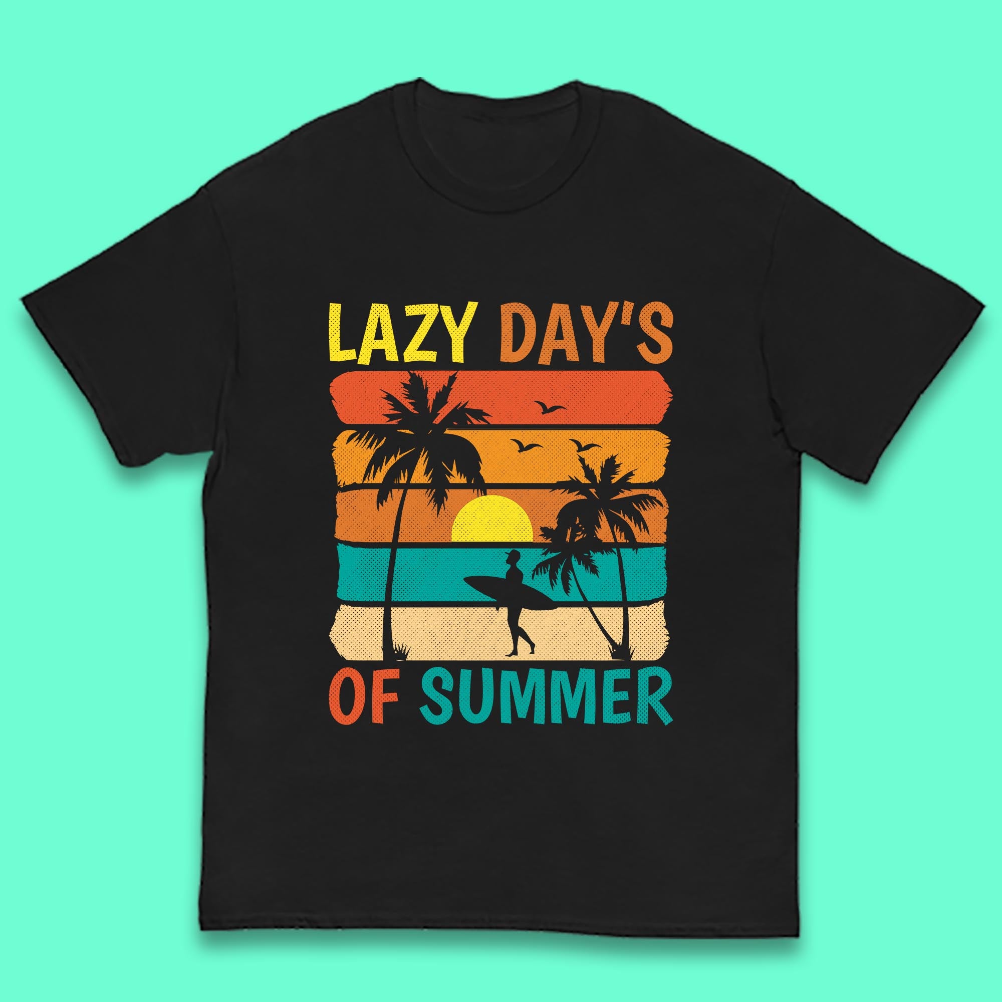 Lazy Days Of Summer Vintage Retro Sunset Surfer Beach Palm Trees Kids T Shirt 130