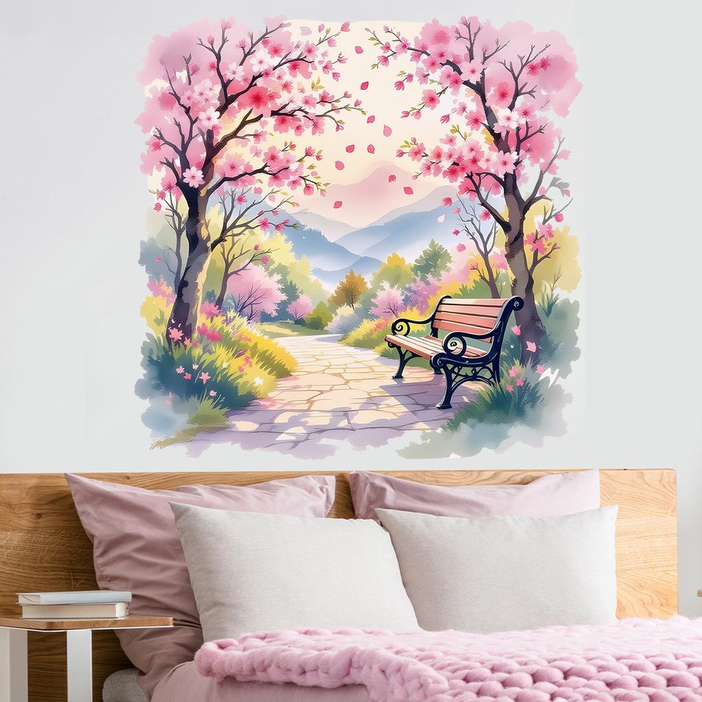 Kreativer Kirschblütenweg Aquarell Ferner Berg Bank Eingangskorridor Hintergrundwandaufkleber