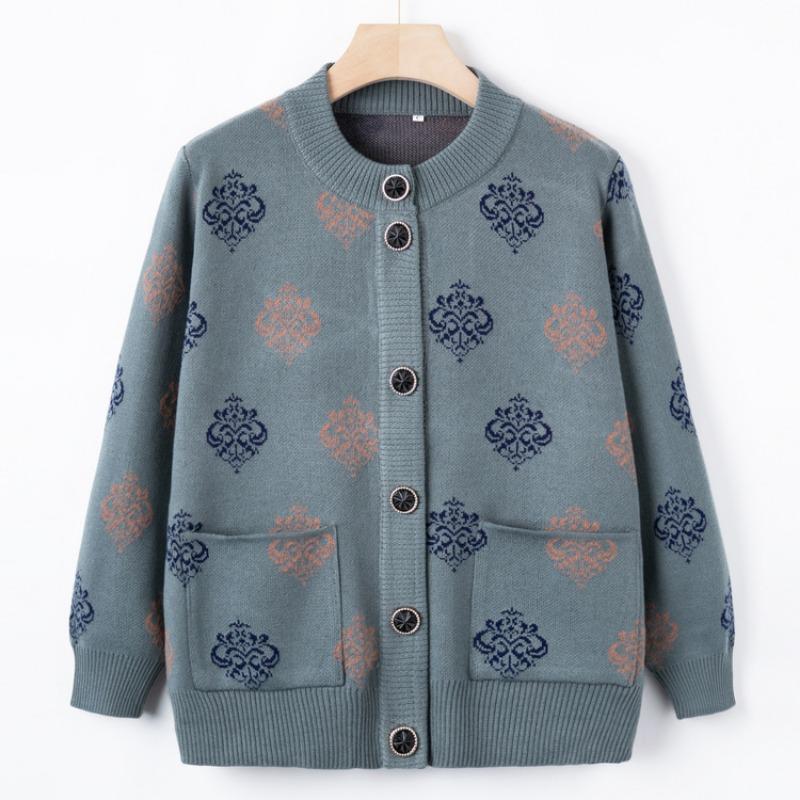 Early autumn grandma sweater cardigan middle elderly knitted autumn coat crew neck top mother mother-in-law clothes