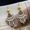Ethnic Rhombus Colorful Painted Wooden Earring for Women Creative Geometric Pattern Bead Dangle Earrings Daily Prty Jewelry