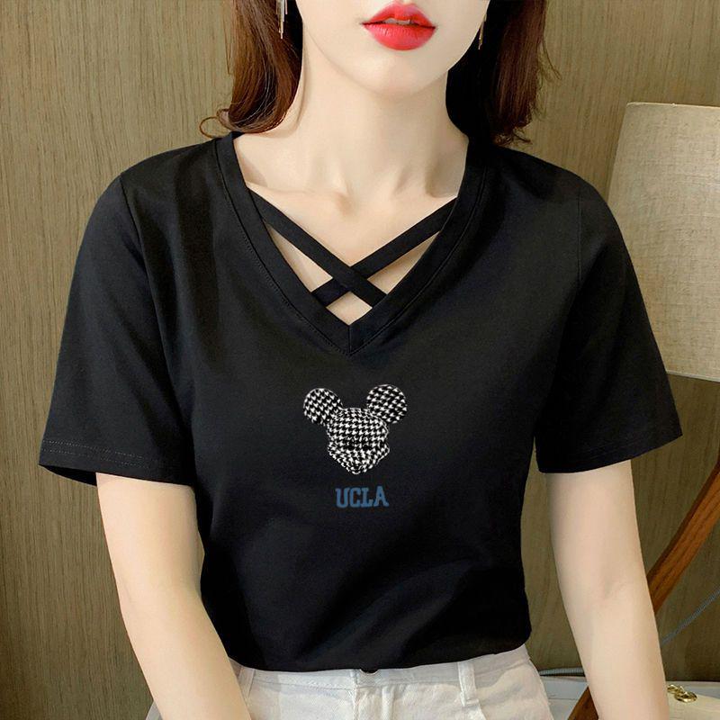 Women's 100% Pure Cotton Crossover V-Neck Short Sleeve T-Shirt - 2024 Korean Casual Summer Fashion Trend