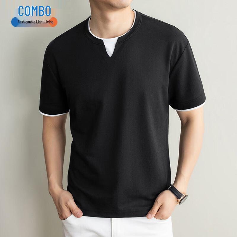 Men s Faux Two-Piece Linen Blend Short Sleeve T-Shirt 4XL