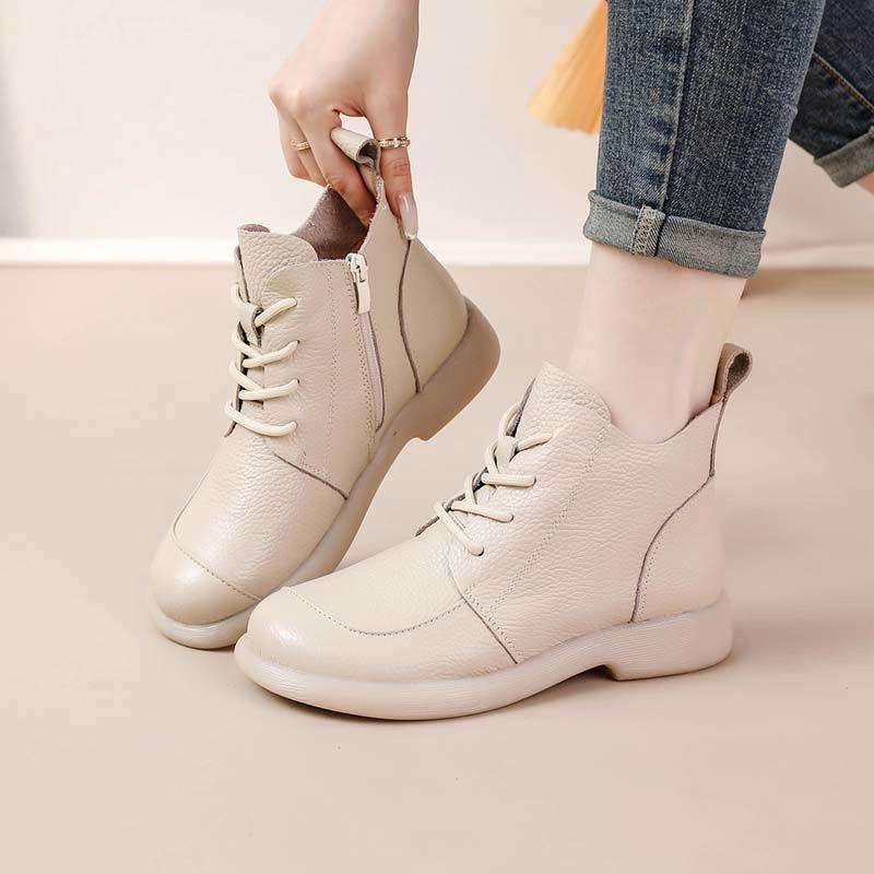 100% Genuine Leather Shoes Women Ankle Boots Spring Autumn Retro Soft Cow Leather Brand Ladies Single Boots Mother Shoes Plus Size 41