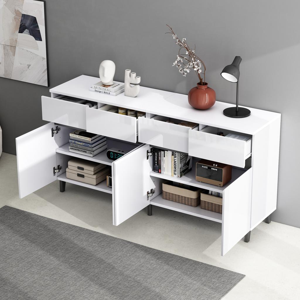 =N625P228826849W Credenza lucida, cassettiere con 4 cassetti, 2 ante e ripiani regolabili in altezza, basi, pensili ad angolo