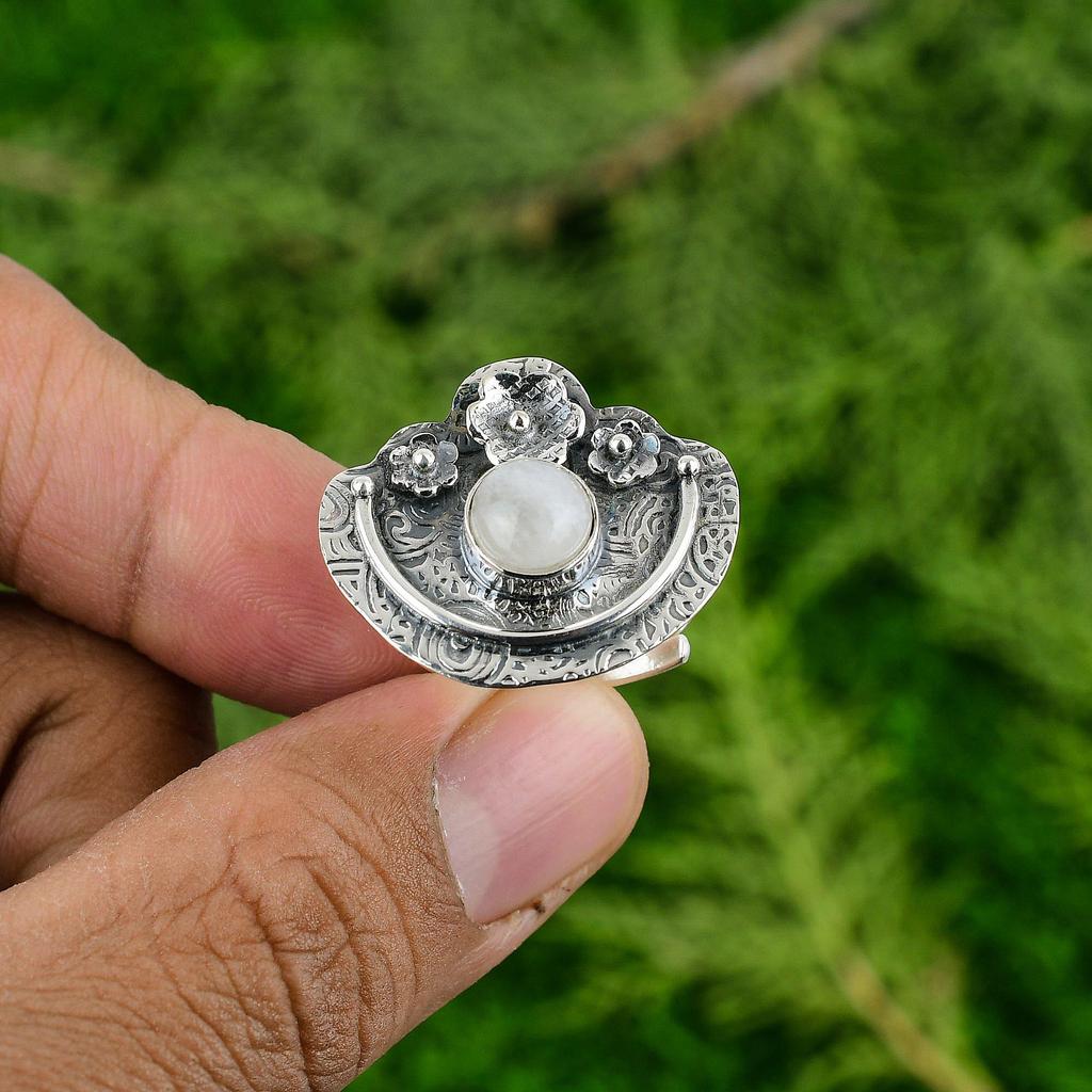 Rainbow Moonstone Stone Flower Sister Promise Engagement Ring Jewelry 925 Silver