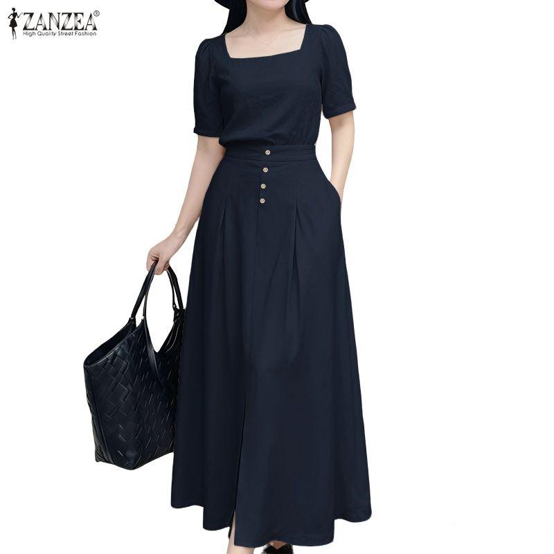 ZANZEA Women Short Sleeve Blouse and Long Skirts Casual Two Piece Suit Sets