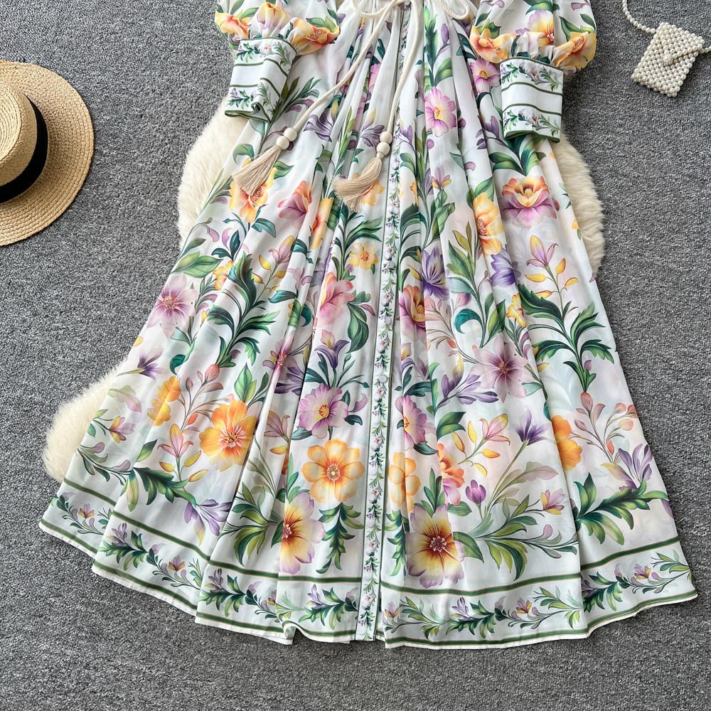 French Niche High-end Printing Stand-up Collar Long-sleeved Waist A-word Dress Women's Summer Lazy Temperament Long Dress