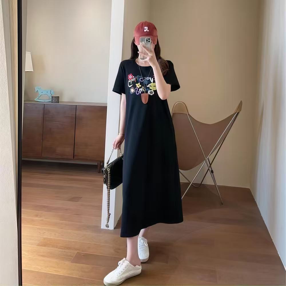 2026 Summer Short-Sleeve Printed Dress, Korean Casual Lazy T-Shirt, Loose Plus Size Over-the-Knee Long Skirt