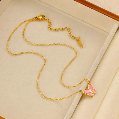 Elegante Französische Rosa Schmetterling Anhänger Halskette aus 18 Karat Gold Edelstahl – Stilvolles und Vielseitiges Damen Accessoire