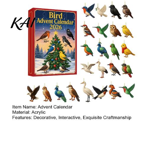 Festive Home Hanging Decor 24 Day Bird Advent Calendar with 2D Flat Acrylic Pendants, Christmas Countdown Calendar, Ornament for Holiday Trees
