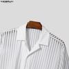 INCERUN Summer Men Lapel Short Sleeve Striped Mesh Sheer Shirts Tops