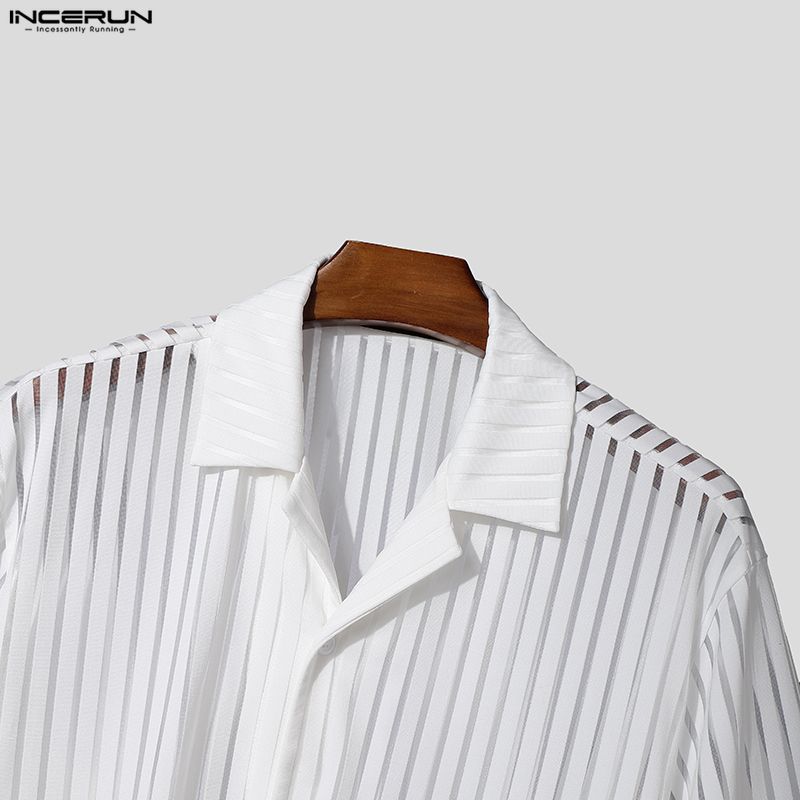 INCERUN Summer Men Lapel Short Sleeve Striped Mesh Sheer Shirts Tops