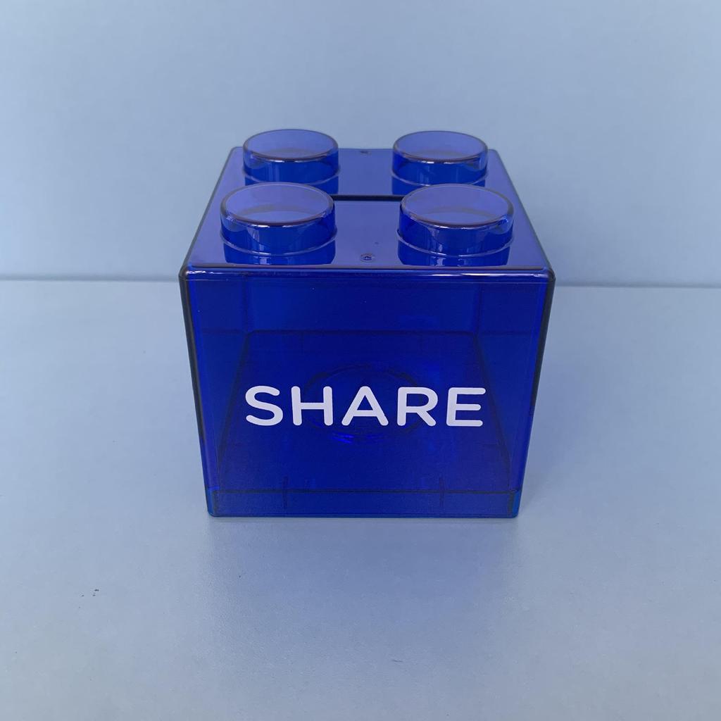 Available: Red, Yellow, Blue Building Block Piggy Bank - English Version, Transparent Money Coin Bank.