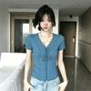 Pure desire blue V-neck lace short-sleeved T-shirt for women's summer new Korean good-looking slim-fitting thin top