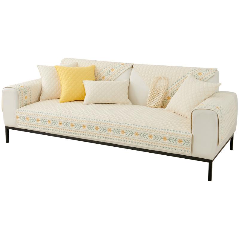 Embroidery Flowers Sofa Covers Towel Soft Cotton Couch Cover For Living Room Quilted Grid Bay Window Pad L-shaped Sofa Decor