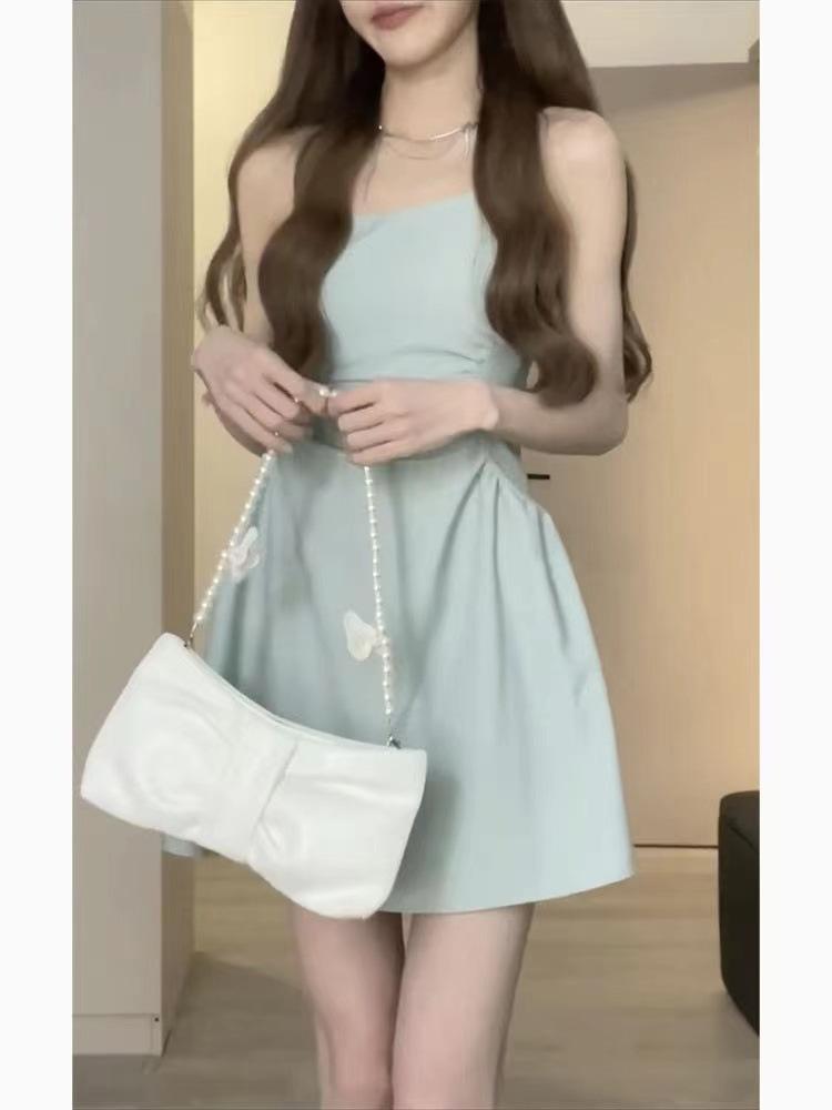 Matsumoto Mourning Summer New High Waist Elastic and Thin Temperament Pleated Design Suspender Dress