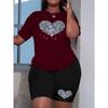 Übergröße Damen Sommer Diamant Liebe Druck Premium Bequemes T-Shirt Zweiteiliges Set