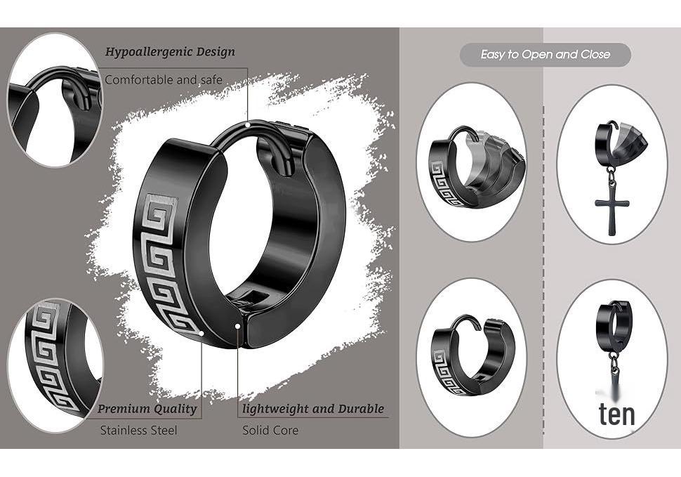 Black Stainless Steel Cross Hoop Earring Set for Men - High-End Electroplated Fashion Jewelry Studs