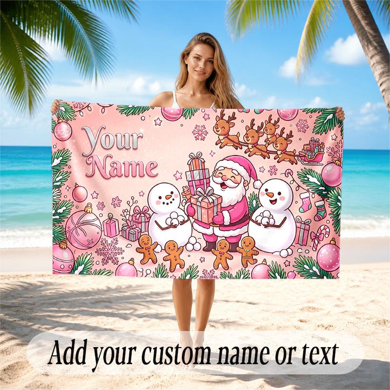 Christmas Theme Quick Dry Beach Towel Custom Name Text Print Large Sand Resistant Towel Beach Vacation