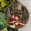 Vintage Wooden Christmas Sign with Santa Claus & Fireplace Pattern, Christmas Eve Round Sign for Front Door Wall Hanging Decor, Ideal Christmas Gift