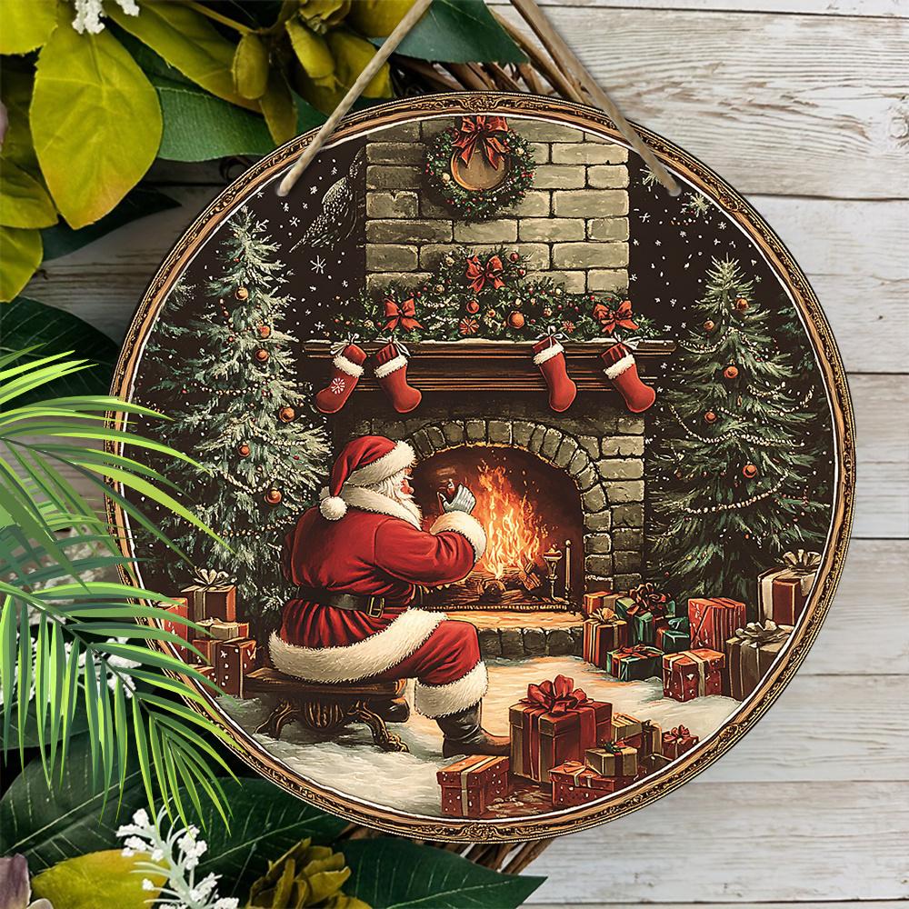 Vintage Wooden Christmas Sign with Santa Claus & Fireplace Pattern, Christmas Eve Round Sign for Front Door Wall Hanging Decor, Ideal Christmas Gift
