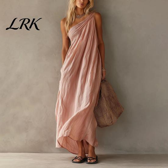 Comfortable Daily Dress Women's Summer One Shoulder Beach Sundress, Pleated A-line Lightweight Women Flowy Long Dress, Casual Loose Travel Vacation