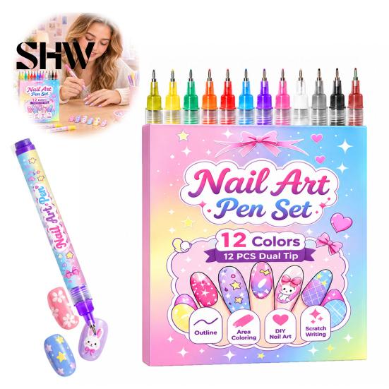 Dual Tip Nail Art Tools 12Pcs Markers for Girls, 12 Colors Markers, Broad & Fine Creative Beauty Crafts Kids Polish Pens, Quick Dry DIY Manicure