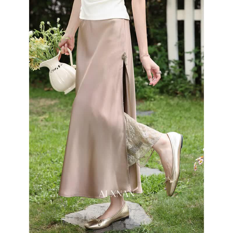 Women s Elegant Champagne Slit Lace Skirt L