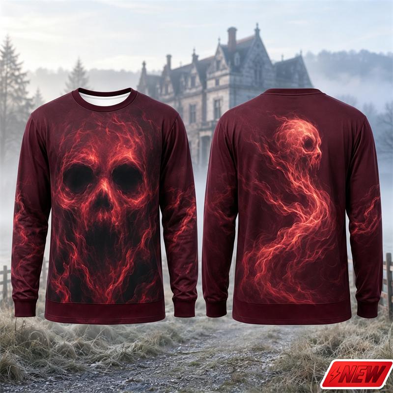Novelty Long Sleeve T‑Shirt Men Gothic Flame Smoke Skull 3D Print Tee Fire Skeleton Graphic Casual Halloween Party Street Top