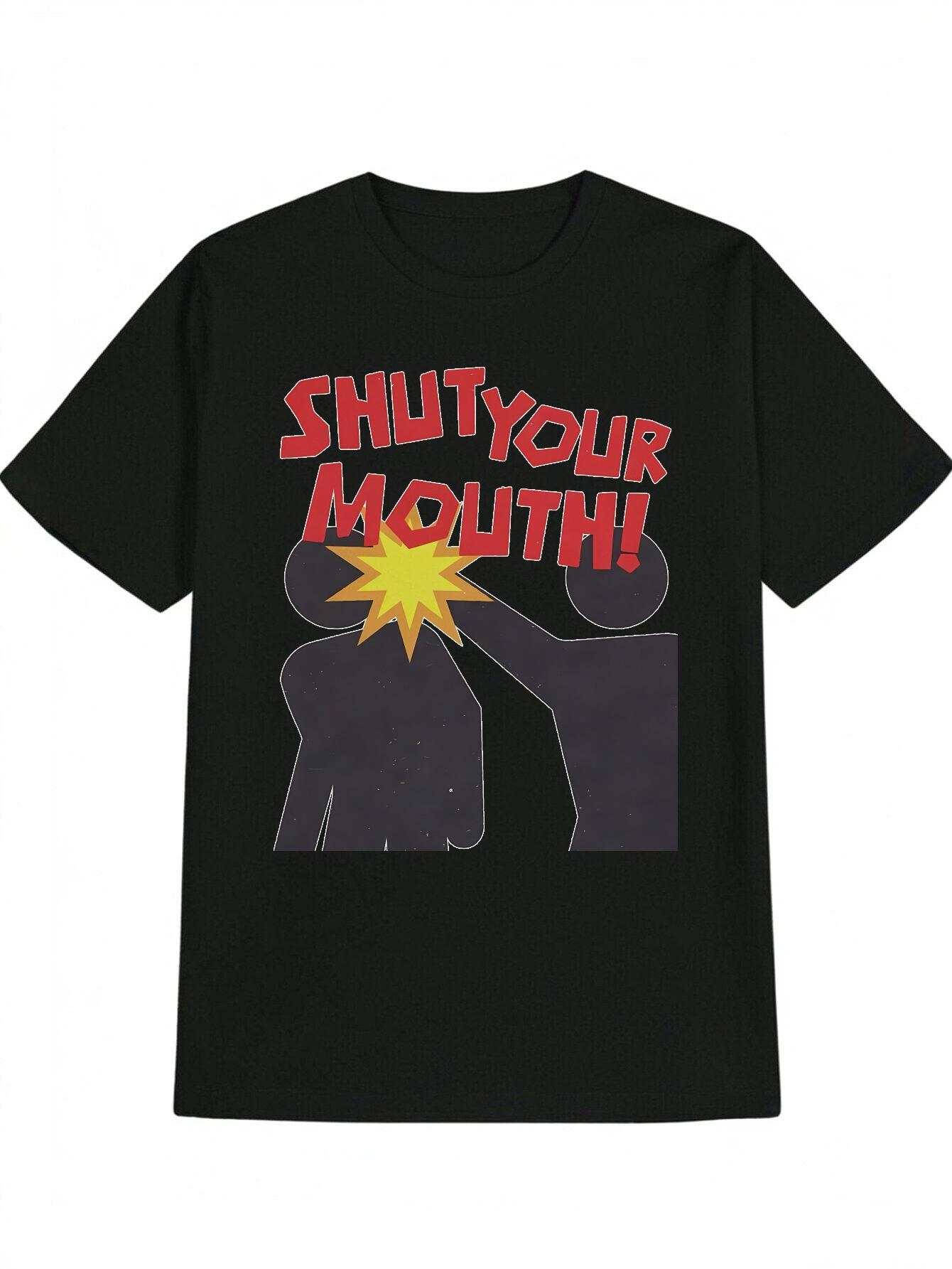 Casual Graphic T-shirt - Black with Bold Yellow Explosion & Red Text Print XXXL
