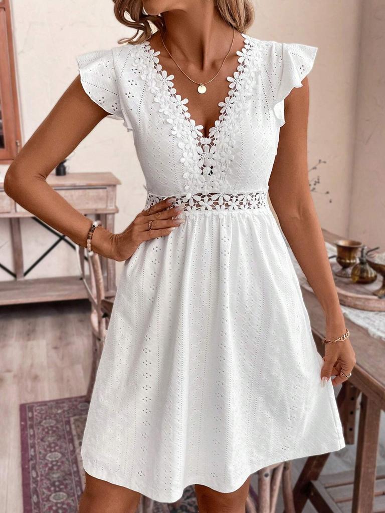 Europe and the United States 1011 Summer Lace Splicing V-neck Knitted Jacquard Hollow Elastic Skirt Dress