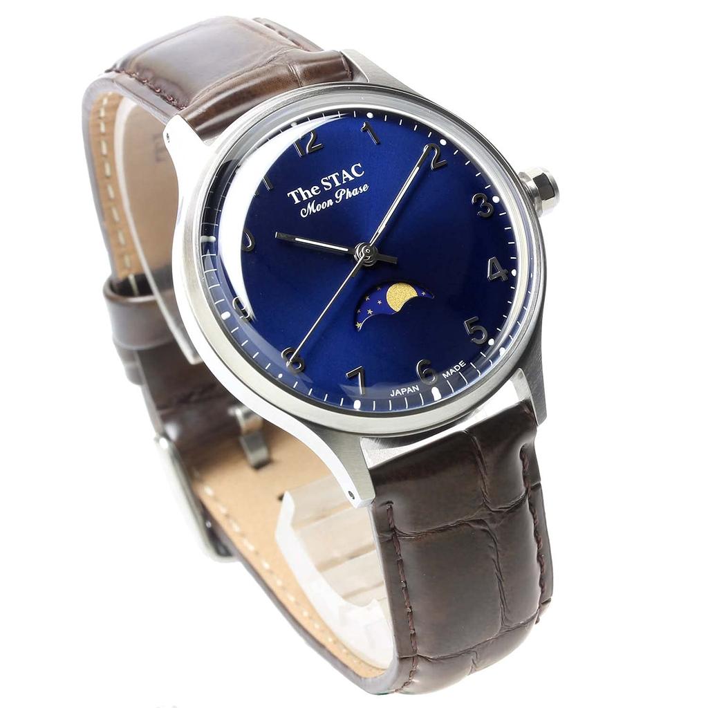 The STAC Japanese-made 36mm Antique Retro Wristwatch for Men and Women, Unisex, Moon Phase Arabic with Blue-Brown Crocodile, ST-MF001