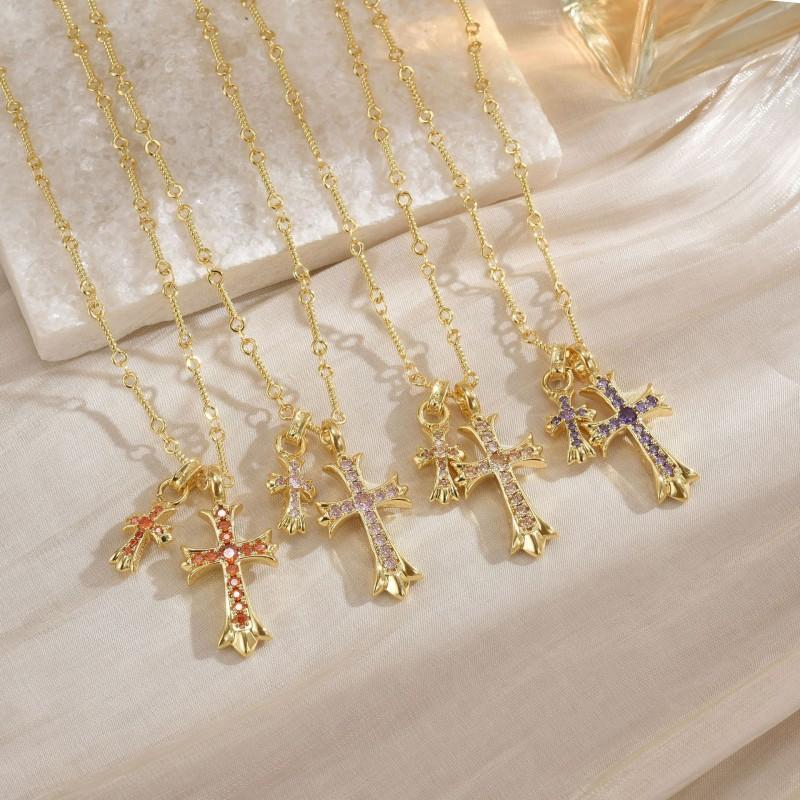 Double Cross Pendant Necklace Couples Titanium Steel Charm With Colored Cubic Zirconia Gold Rose Chain